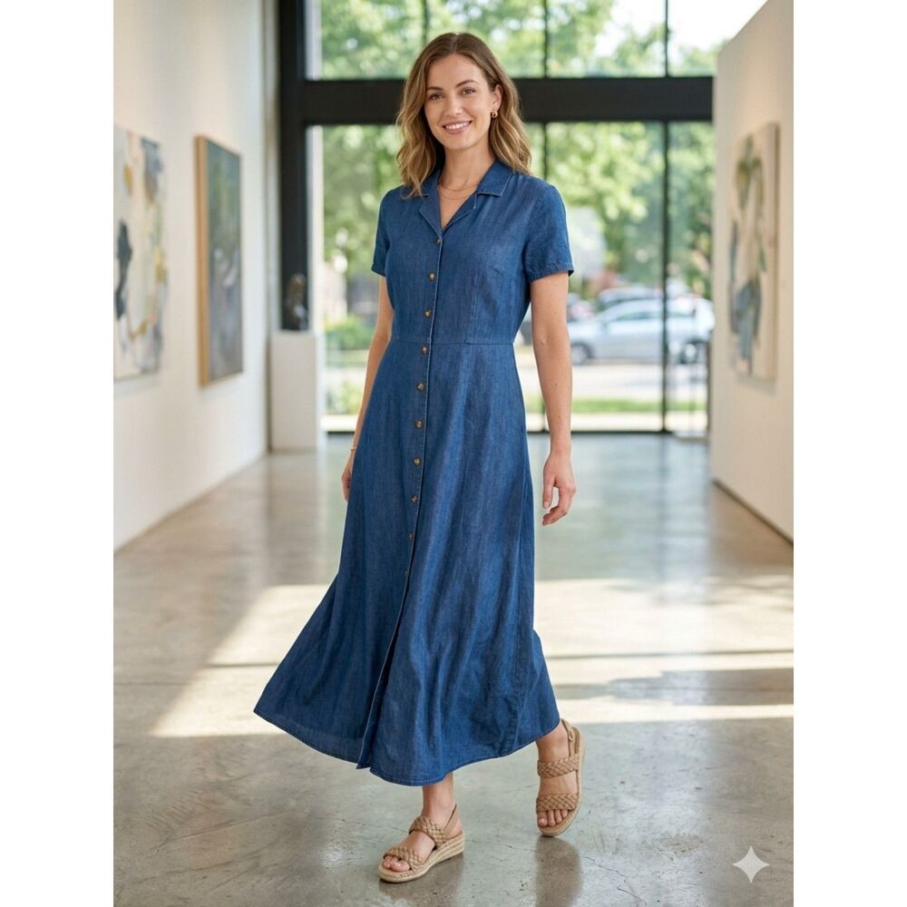 Vintage 90s Talbots Denim Maxi Dress Short Sleeve Button Down Empire Waist Sz 10